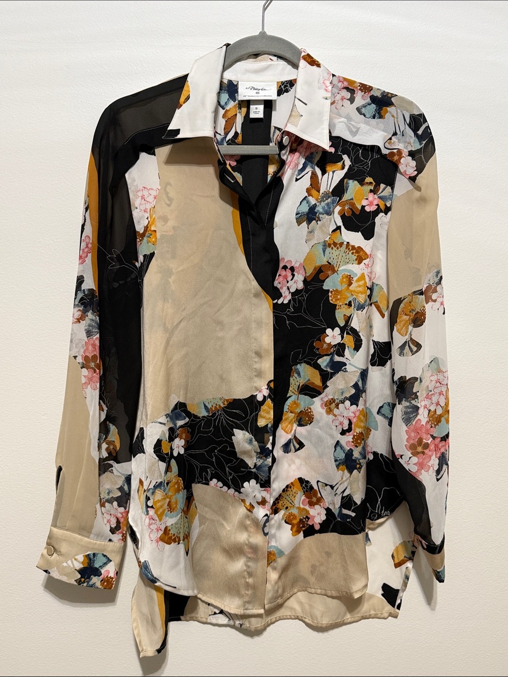 Women's Floral Patchwork Button-Down Tunic - Beige/Black/White